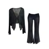 Amortizia Black Arsenic Set Sheer Flowy Long-sleeve Top & Flared Pants Set In Black
