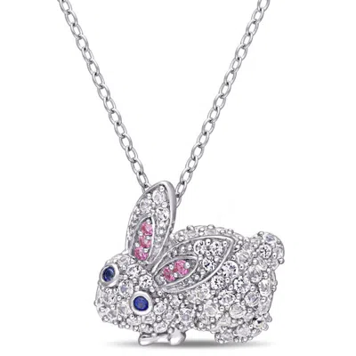 Amour 1 1/10 Ct Tgw Created Pink And White And Blue Sapphire Bunny Necklace In Sterling Silver In Metallic