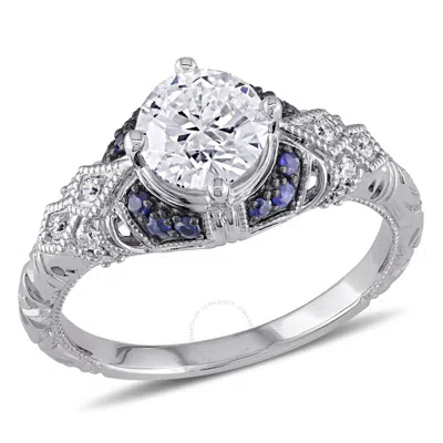 Amour 1 1/10 Ct Tw Diamond And Sapphire Victorian Engagement Ring In 14k White Gold In Neutral