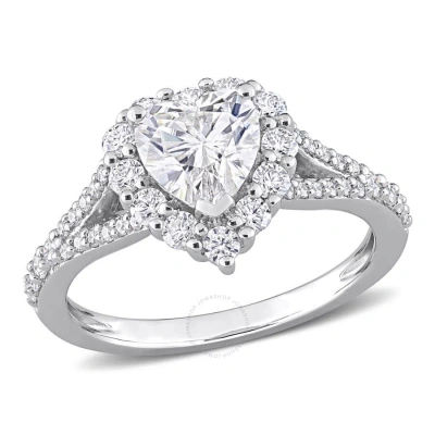 Amour 1 1/2 Ct Dew Created Moissanite Heart Halo Engagement Ring In Sterling Silver In White