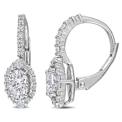 Amour 1 1/2 Ct Dew Created Moissanite Oval Halo Leverback Earrings In Sterling Silver In White