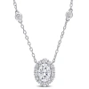 Amour 1 1/2 Ct Dew Created Moissanite Oval Halo Necklace In Sterling Silver In White