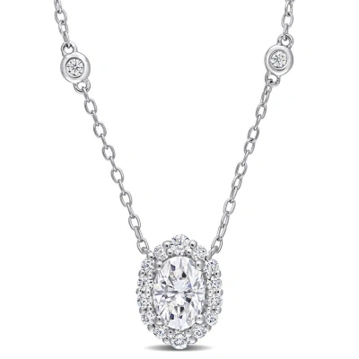 Amour 1 1/2 Ct Dew Created Moissanite Oval Halo Necklace In Sterling Silver In White