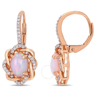 Amour 1 1/2 Ct Tgw Blue Ethiopian Opal And 1/4 Ct Tw Diamond Halo Leverback Earrings In 10k Rose Gol In Pink