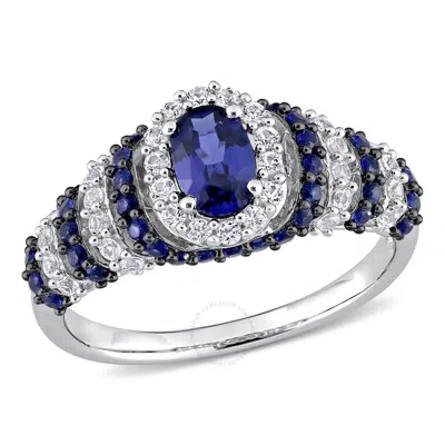 Amour 1 1/2 Ct Tgw Created Blue Sapphire And Created White Sapphire Oval Vintage Ring In Sterling Si