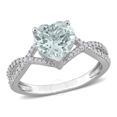Amour 1 1/2 Ct Tgw Heart Aquamarine 1/5 Ct Tdw Diamond Infinity Ring In 14k White Gold In Green