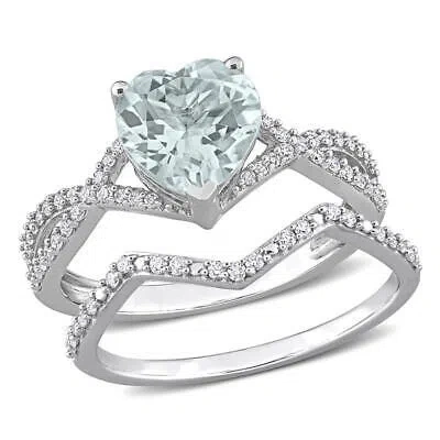 Pre-owned Amour 1 1/2 Ct Tgw Heart Aquamarine And 1/3 Ct Tdw Diamond Bridal Ring Set In In White
