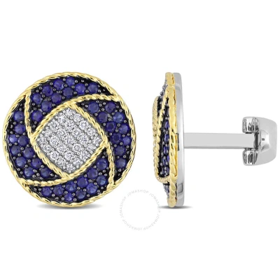 Amour 1 1/2 Ct Tgw Sapphire And 1/3 Ct Tw Diamond Cufflinks In 2-tone Sterling Silver In Two-tone