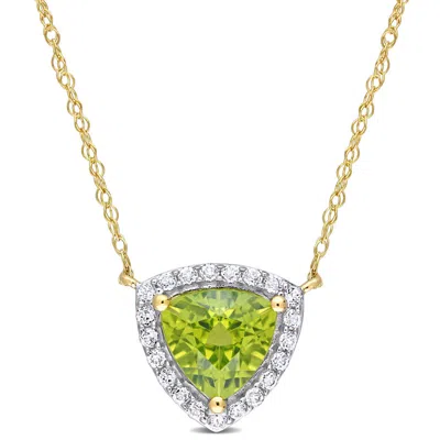 Amour 1 1/2 Ct Tgw Trillion Peridot And White Topaz Halo Necklace In 10k Yellow Gold