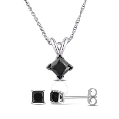 Amour 1 1/2 Ct Tw Black Princess Cut Diamond Solitaire Pendant With Chain And Earrings Set In 10k Wh In White