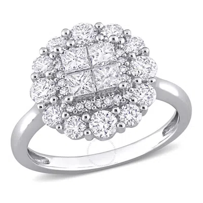 Amour 1 1/2 Ct Tw Princess & Round Diamond Quad Center Double Halo Engagement Ring In 10k White Gold In Metallic