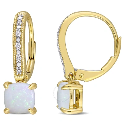 Amour 1 1/3 Ct Tgw Opal And Diamond Accent Milgrain Leverback Earrings In 10k Yellow Gold