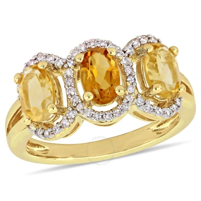 Amour 1 1/3 Ct Tgw Oval-cut Citrine & Madeira Citrine And 1/5 Ct Tw Diamond 3-stone Halo Ring In Yel In Yellow