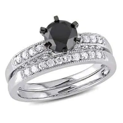 Pre-owned Amour 1 1/3 Ct Tw Black And White Diamond Bridal Set In 10k White Gold