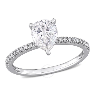 Amour 1 1/4 Ct Dew Pear Shape Created Moissanite And 1/10 Ct Tw Diamond Engagement Ring In 14k White In Metallic