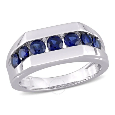 Amour 1 1/4 Ct Tgw Created Blue Sapphire Channel Set Men's Ring In Sterling Silver In Metallic