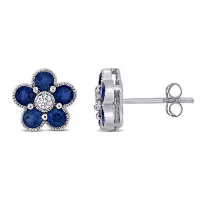 Pre-owned Amour 1 1/4 Ct Tgw Sapphire And 1/10 Ct Tw Diamond Floral Stud Earrings In 14k In Blue