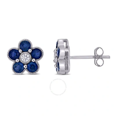 Amour 1 1/4 Ct Tgw Sapphire And 1/10 Ct Tw Diamond Floral Stud Earrings In 14k White Gold In Blue