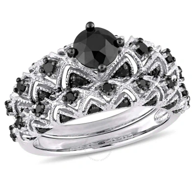 Amour 1 1/4 Ct Tw Black Diamond Milgrain Detail Bridal Set In 10k White Gold With Black Rhodium