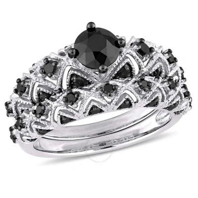 Amour 1 1/4 Ct Tw Black Diamond Milgrain Detail Bridal Set In 10k White Gold With Black Rhodium In Metallic