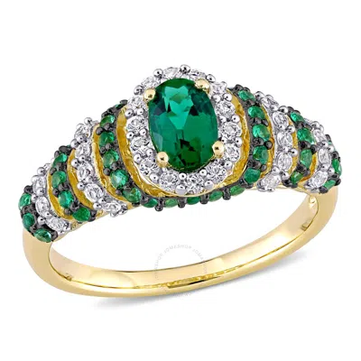 Amour 1 1/5 Ct Tgw Created Emerald And Created White Sapphire Oval Vintage Ring In Yellow Plated Ste In Brown