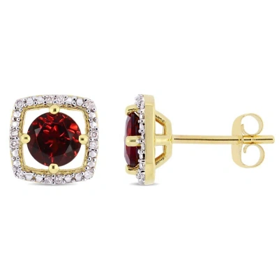 Amour 1 1/5 Ct Tgw Garnet And Diamond Halo Square Stud Earrings In 10k Yellow Gold