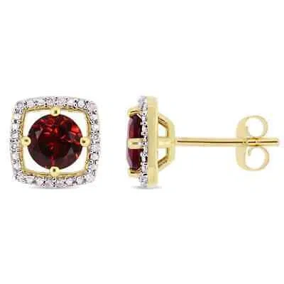 Pre-owned Amour 1 1/5 Ct Tgw Garnet And Diamond Halo Square Stud Earrings In 10k Yellow In Red
