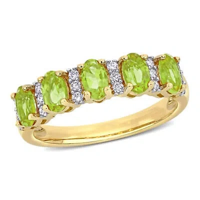 Pre-owned Amour 1 1/5 Ct Tgw Peridot And 1/6 Ct Tw Diamond Semi Eternity Ring In 14k In Yellow