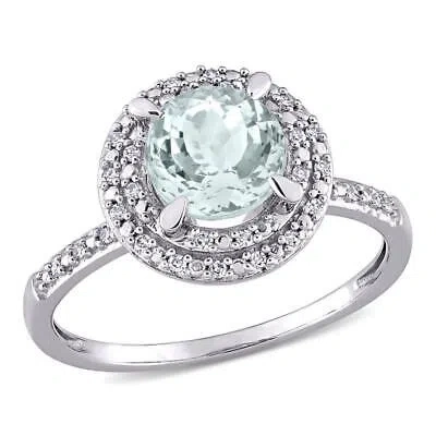 Pre-owned Amour 1 1/7 Ct Tgw Aquamarine And 1/10 Ct Tw Diamond Halo Engagement Ring In 10k In White