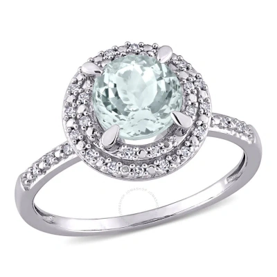 Amour 1 1/7 Ct Tgw Aquamarine And 1/10 Ct Tw Diamond Halo Engagement Ring In 10k White Gold In Metallic