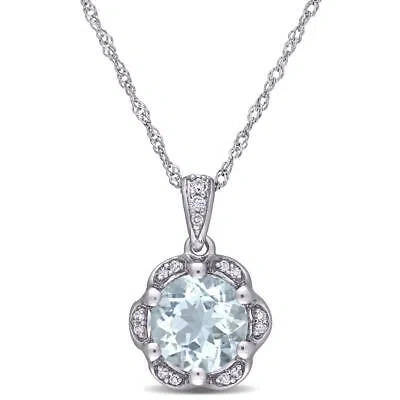 Pre-owned Amour 1 1/7 Ct Tgw Aquamarine And Diamond Accent Flower Necklace In 14k White