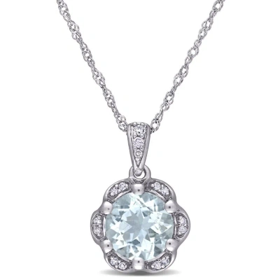 Amour 1 1/7 Ct Tgw Aquamarine And Diamond Accent Flower Necklace In 14k White Gold In Blue
