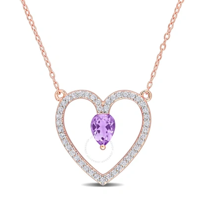 Amour 1 1/8 Ct Tgw Amethyst And White Topaz Open Heart Pendant With Chain In Rose Plated Sterling Si In Gold