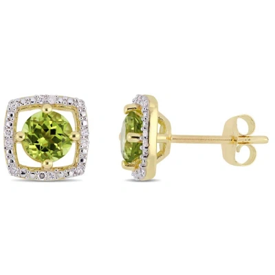 Amour 1 1/8 Ct Tgw Peridot And Diamond Square Stud Earrings In 10k Yellow Gold In Green