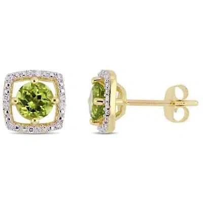 Pre-owned Amour 1 1/8 Ct Tgw Peridot And Diamond Square Stud Earrings In 10k Yellow Gold In Green