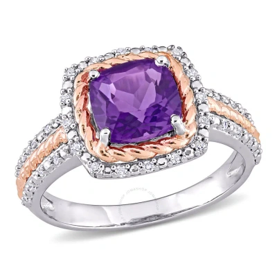 Amour 1 2/5 Ct Tgw Cushion Amethyst And 1/6 Ct Tdw Diamond Halo Ring In White And Rose Plated Sterli In Purple