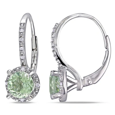 Amour 1 2/5ct Tgw Green Quartz And Diamond Accent Leverback Halo Earrings In Sterling Silver In Amethyst / Green / Silver / White