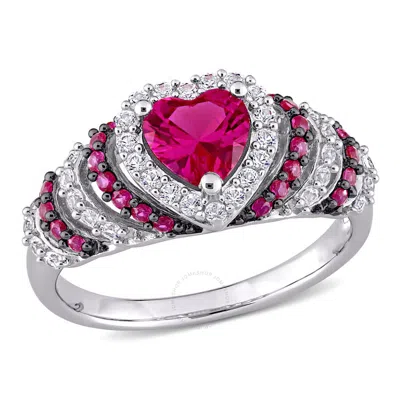 Amour 1 3/4 Ct Tgw Created Ruby And Created White Sapphire Heart Halo Vintage Ring In Sterling Silve In Metallic