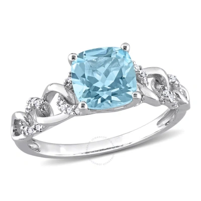 Amour 1 3/4 Ct Tgw Cushion Sky Blue Topaz And 1/10 Ct Tw Diamond Link Ring In 10k White Gold In Metallic