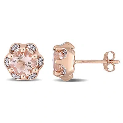 Pre-owned Amour 1 3/4 Ct Tgw Morganite And Diamond Accent Flower Stud Earrings In 14k Rose In Pink