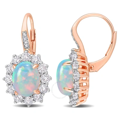 Amour 1 3/4 Ct Tgw Oval Shape Blue Ethiopian Opal And White Topaz And Diamond Accent Halo Leverback In Gold