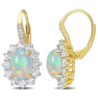 Amour 1 3/4 Ct Tgw Oval Shape Blue Ethiopian Opal And White Topaz And Diamond Accent Halo Leverback In Yellow