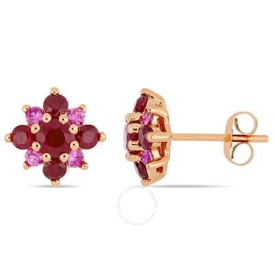 Amour 1 3/4 Ct Tgw Ruby And Pink Sapphire Clustered Star Stud Earrings In 14k Rose Gold In Red