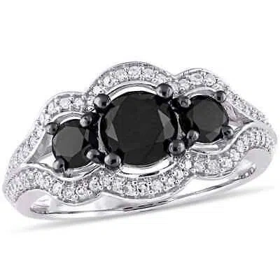 Pre-owned Amour 1 3/4 Ct Tw Black & White Diamond 3-stone Halo Engagement Ring In 10k