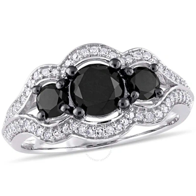Amour 1 3/4 Ct Tw Black & White Diamond 3-stone Halo Engagement Ring In 10k White Gold Plated With B In Metallic