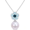 AMOUR AMOUR 1 3/5 CT TGW BLUE TOPAZ AND 11-12 MM FRESHWATER CULTURED PEARL FLORAL PENDANT WITH CHAIN IN ST
