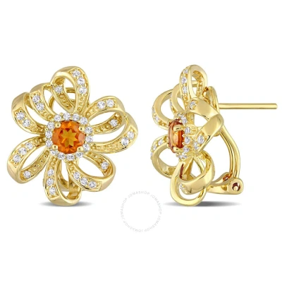 Amour 1 3/5 Ct Tgw Madeira Citrine And White Topaz Flower Omega Clip Earrings In Yellow Plated Sterl In Gold