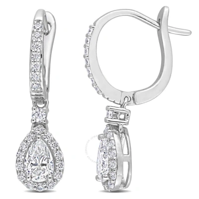 Amour 1 3/8 Ct Dew Created Moissanite Teardrop Halo Drop Earrings In Sterling Silver In White