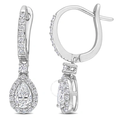 Amour 1 3/8 Ct Dew Created Moissanite Teardrop Halo Drop Earrings In Sterling Silver In Metallic