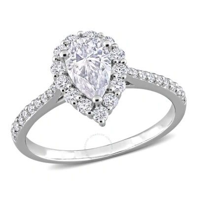 Amour 1 3/8 Ct Dew Created Moissanite Teardrop Halo Engagement Ring In Sterling Silver In White